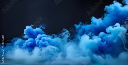 Black room with blue cloudiness, mist or smog over floor. Abstract scene with neon fog in the dark