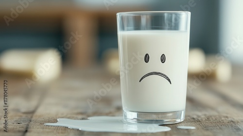 Spilled milk with sad face emoji symbolizes lactose intolerance discomfort in dramatic lighting setting