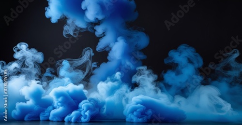 Black room with blue cloudiness, mist or smog over floor. Abstract scene with neon fog in the dark