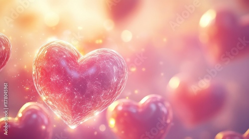 Glowing pink hearts with bokeh background.