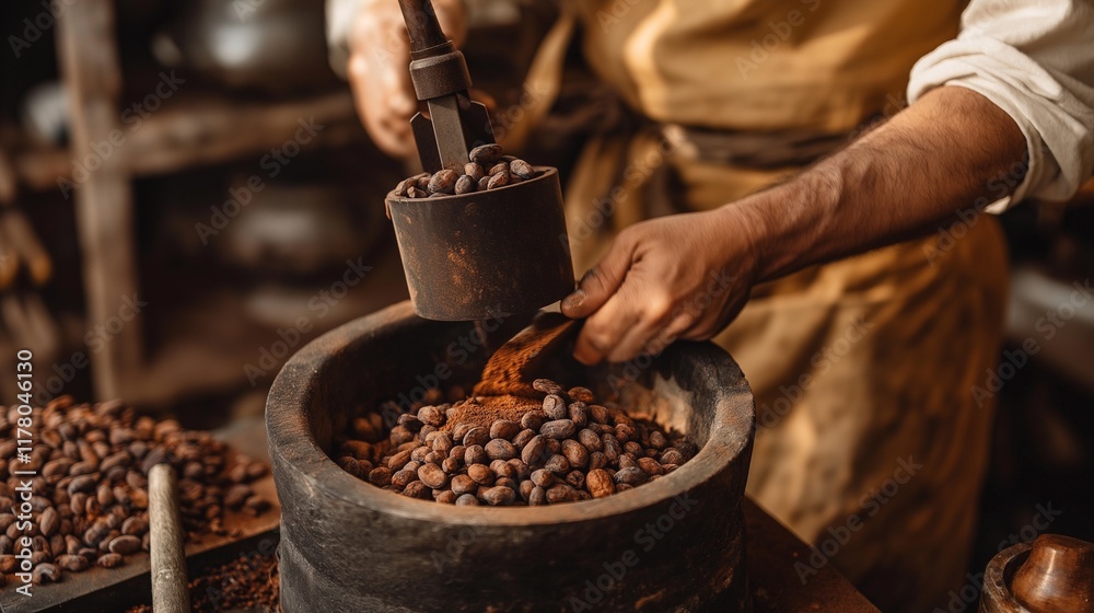 traditional chocolate grinder in a rural setting, with cocoa beans being hand-ground in stone mills by skilled artisans, with warm ambient lighting and vintage decor traditional chocolate grinder in a rural setting, with cocoa beans being hand-ground in stone mills by skilled artisans, with warm ambient lighting and vintage decor