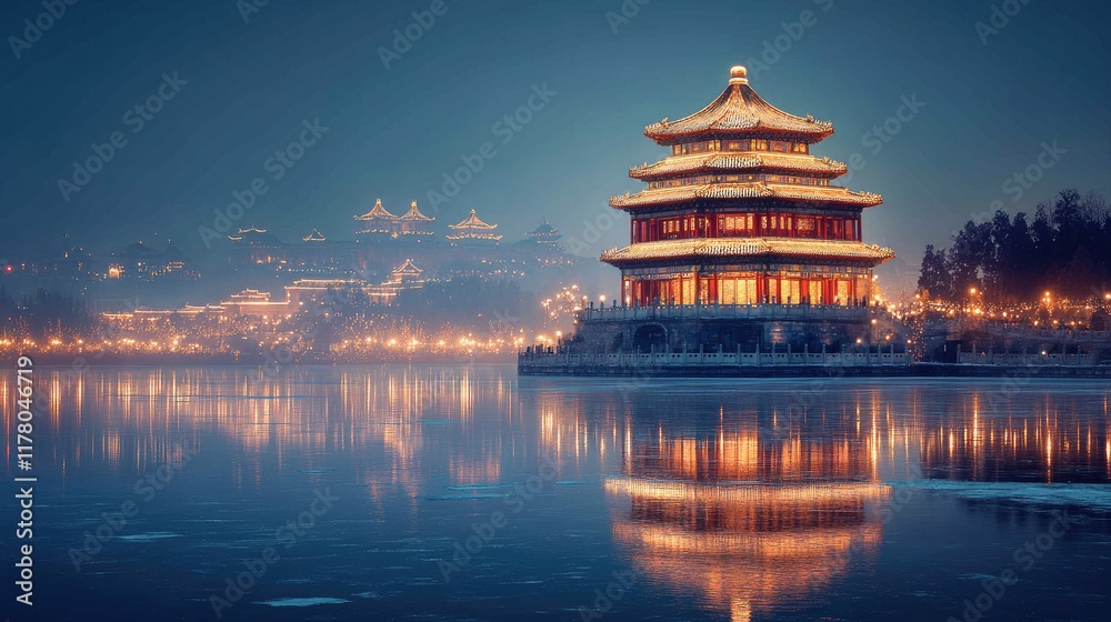 Naklejka premium Illuminated Chinese Pagoda Reflecting in Calm Water at Night