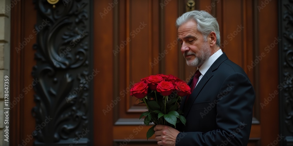 A gentleman in a suit holds a bouquet of red roses, symbolizing love and romance, perfect for Valentine's Day celebrations or relationship-focused themes. A gentleman in a suit holds a bouquet of red roses, symbolizing love and romance, perfect for Valentine's Day celebrations or relationship-focused themes.