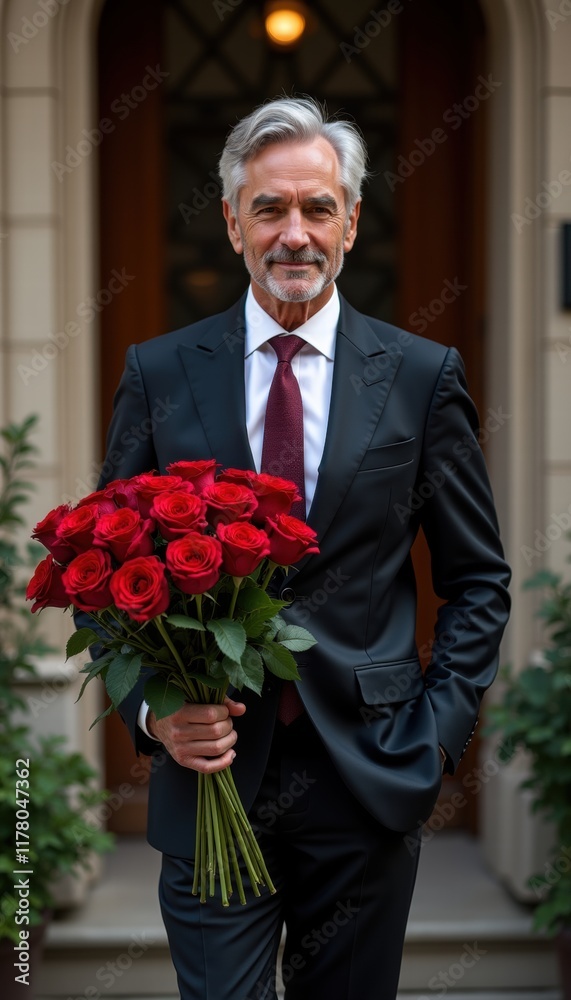 A sophisticated man dressed in a suit holds a bouquet of red roses, embodying romance and elegance perfect for Valentine's Day celebrations. A sophisticated man dressed in a suit holds a bouquet of red roses, embodying romance and elegance perfect for Valentine's Day celebrations.