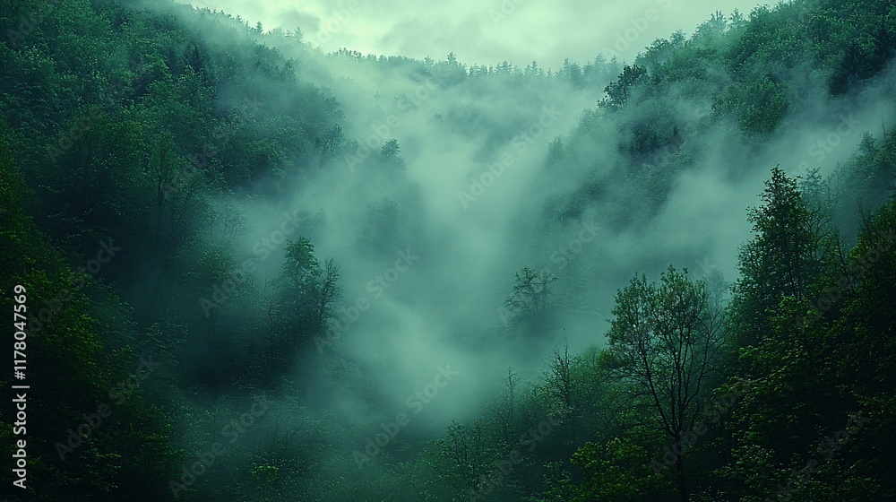 Fototapeta premium Misty green forest valley landscape.