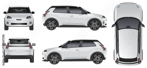 White car vector Side, front, back, top view. isolated designs on white background. All elements in the groups on  All elements in the groups on separate layers.