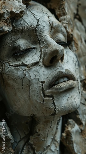 Cracked Face Sculpture Artistic Grey Stone Textures 8k HD photo