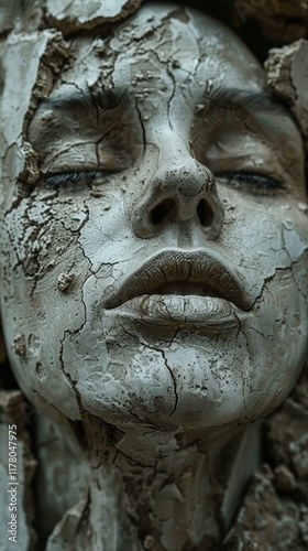 Cracked Face Sculpture Art Texture Close up Abstract 8K HD Decay Detail Human Stone Grey Ancient photo