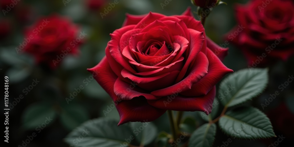 Naklejka premium A stunning close-up of a vibrant red rose, perfect for Valentine's Day promotions, floral arrangements, or romantic themes in advertising.