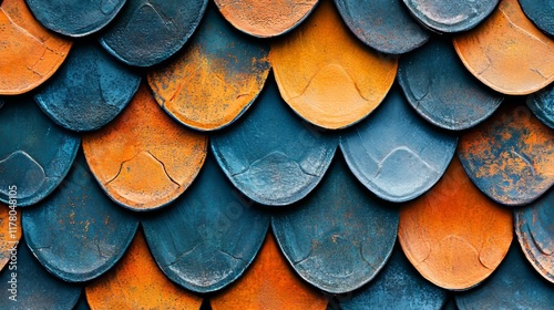 Wallpaper Mural Textures of dragon scale, snake skin. Seamless patterns of blue, orange and black squama of fish, mermaid, reptile or fantasy monster, vector cartoon illustration Torontodigital.ca