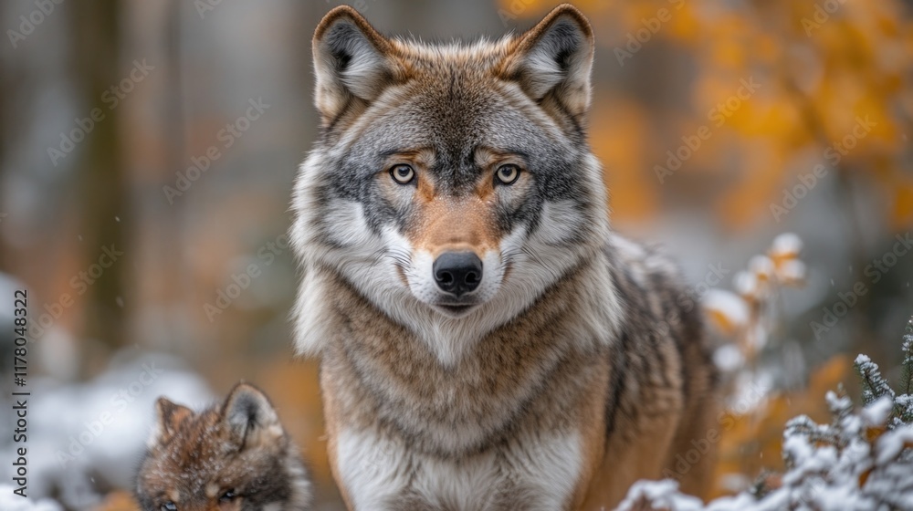 Obraz premium Two wolves standing together