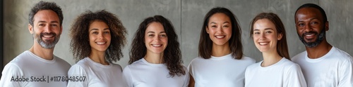 man and women of different ethnicities, colleagues or employees or random chosen people, posing together in white t-shirts