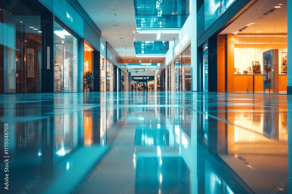 Fototapeta premium Modern shopping mall corridor with shiny floor and closed storefronts in empty space