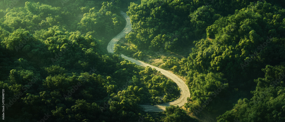 Winding road through lush green forest in a tranquil natural setting Winding road through lush green forest in a tranquil natural setting