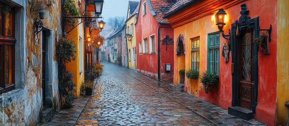 Fototapeta premium Charming Cobblestone Street: A picturesque view of a historic European street at dawn, with colorful buildings and glowing lanterns creating a magical atmosphere.