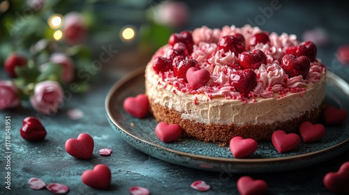 Raspberry Heart Cake With Chocolate and Red Hearts for Valentine's Day. Generative AI