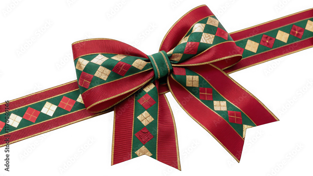 Christmas bow with red, green, and gold diamond pattern, perfect for gift wrapping, holiday decorations, and festive events. Features intricate design and premium quality. Christmas bow with red, green, and gold diamond pattern, perfect for gift wrapping, holiday decorations, and festive events. Features intricate design and premium quality.