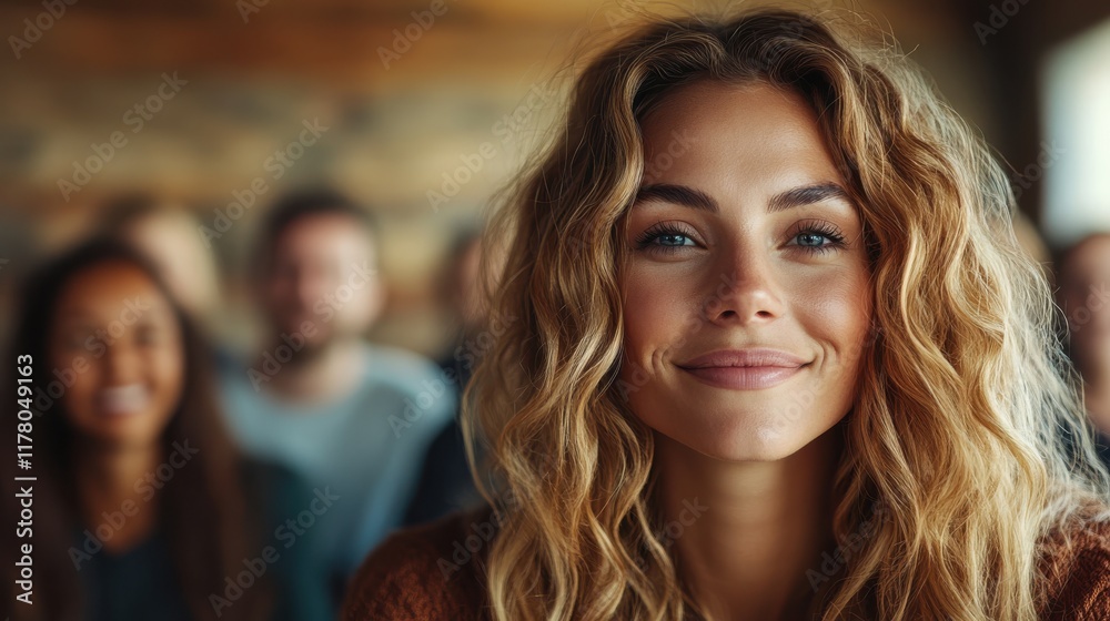 Captivating smile of a young woman in a lively educational setting filled with engaged listeners Captivating smile of a young woman in a lively educational setting filled with engaged listeners