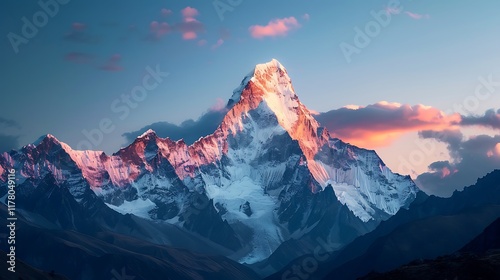The first light of dawn illuminating a jagged mountain peak, captured with