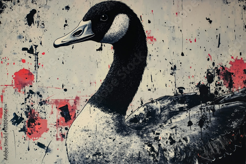 A black and white goose with red paint splatters on it's face photo