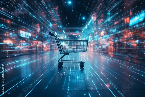 Futuristic smart retail solutions  a shopping cart in a data driven space with glowing lines