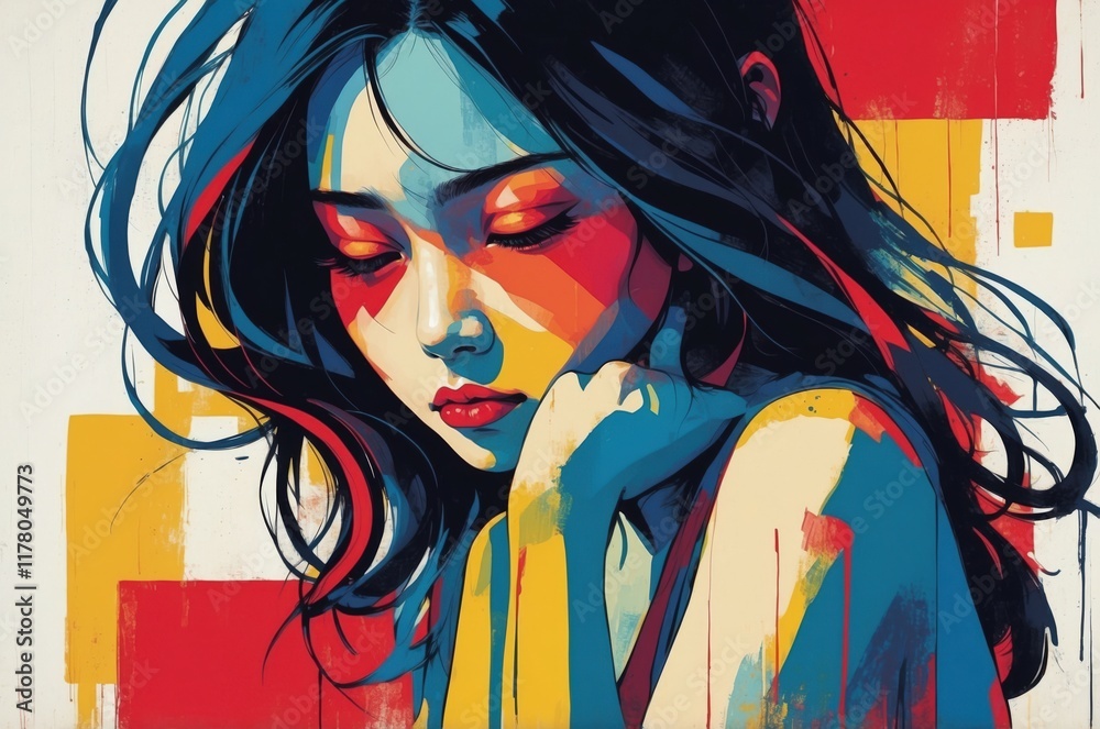 Naklejka premium Abstract dramatic portrait painting of a sad, loneliness, depression woman face, emotion and mental health theme concept texture design illustration. 