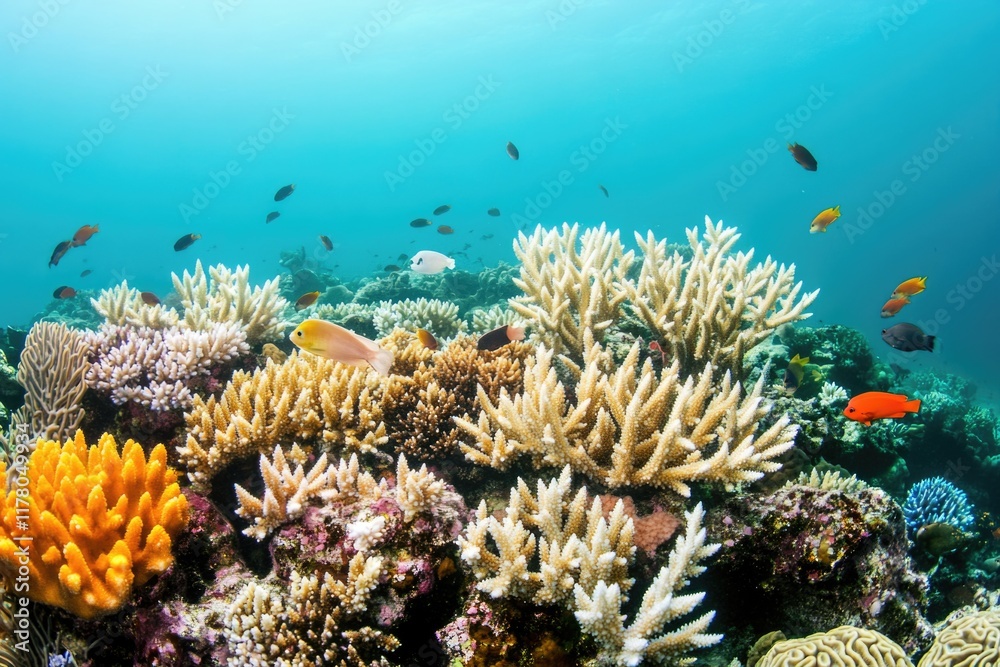 Obraz premium Diverse coral reef with multiple coral species, perfect for ocean or marine-themed projects