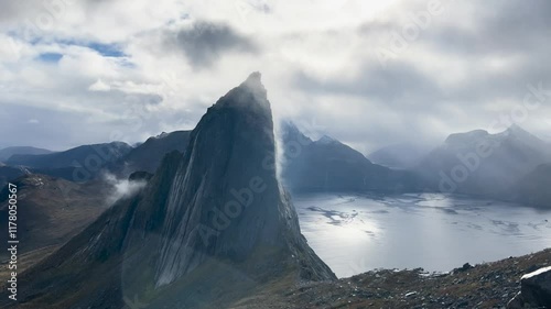 Clouds are passing over the majestic segla mountain on senja island in norway