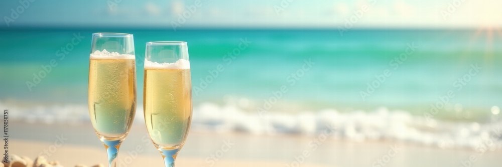 Celebrate love with a romantic beach setting featuring two glasses of champagne, perfect for Valentine's Day or a cozy getaway. Celebrate love with a romantic beach setting featuring two glasses of champagne, perfect for Valentine's Day or a cozy getaway.