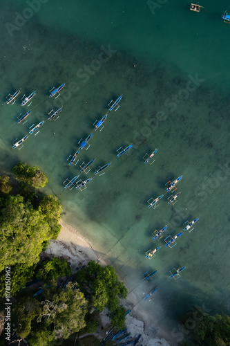 Aerial view of traditional Indonesian fishing boats photo