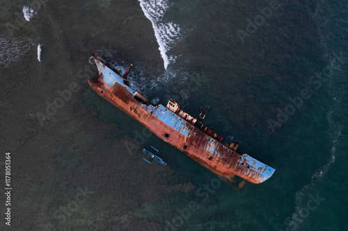 Top down aerial view of a ship wreck in West Java, Indonesia photo