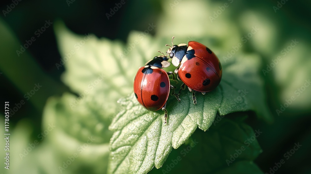 Close-up of two ladybugs sitting on a green leaf, natural setting Close-up of two ladybugs sitting on a green leaf, natural setting