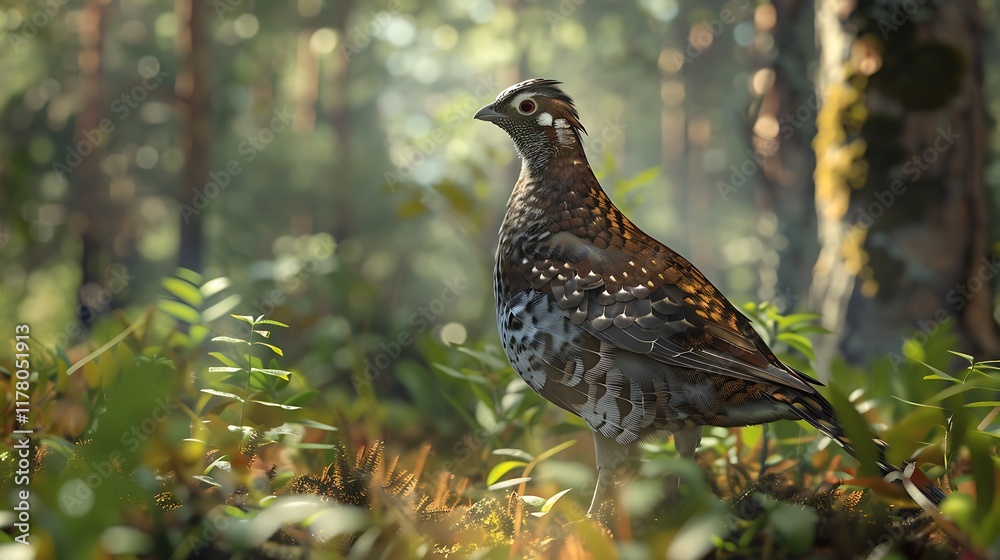 A Grouse bird camouflaged against the forest floor, its mottled grey and brown feathers blending seamlessly with the surroundings. A Grouse bird camouflaged against the forest floor, its mottled grey and brown feathers blending seamlessly with the surroundings.