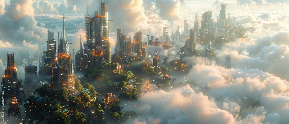 Fototapeta premium Ethereal Floating City Cloudscape Metropolis Futuristic Architecture 8K Fantasy