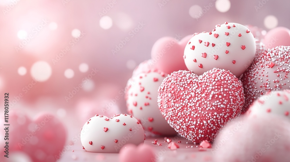 Obraz premium A collection of heart-shaped candies in shades of pink and white, covered with small colorful sprinkles, offers a festive look perfect for celebrations like Valentine's Day and weddings