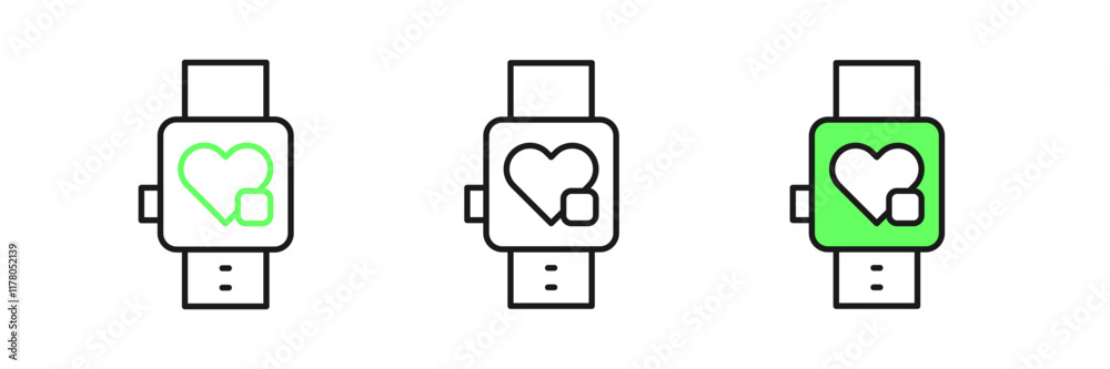 Set line Smart watch showing heart beat rate icon isolated on white background. Fitness App concept. Vector Set line Smart watch showing heart beat rate icon isolated on white background. Fitness App concept. Vector