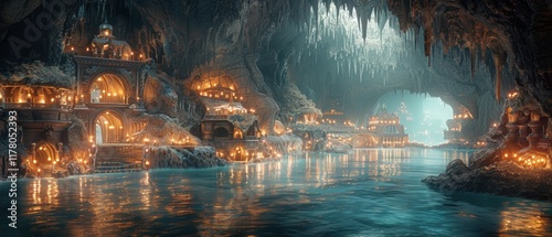 Fototapeta Naklejka Na Ścianę i Meble -  Bioluminescent Cave City Fantasy Architecture Underground River 8K
