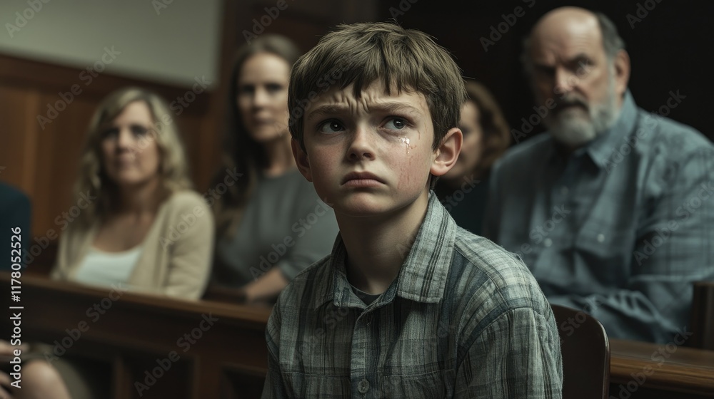 Obraz premium Cute child and mother at table with gavel of judge blurred in background, family law concept
