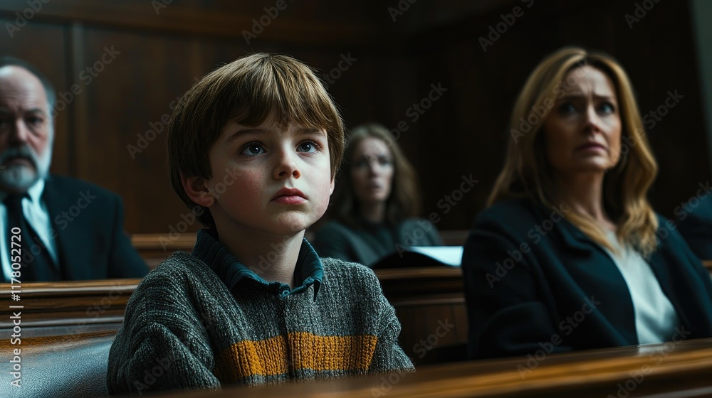 Cute child and mother at table with gavel of judge blurred in background, family law concept Cute child and mother at table with gavel of judge blurred in background, family law concept