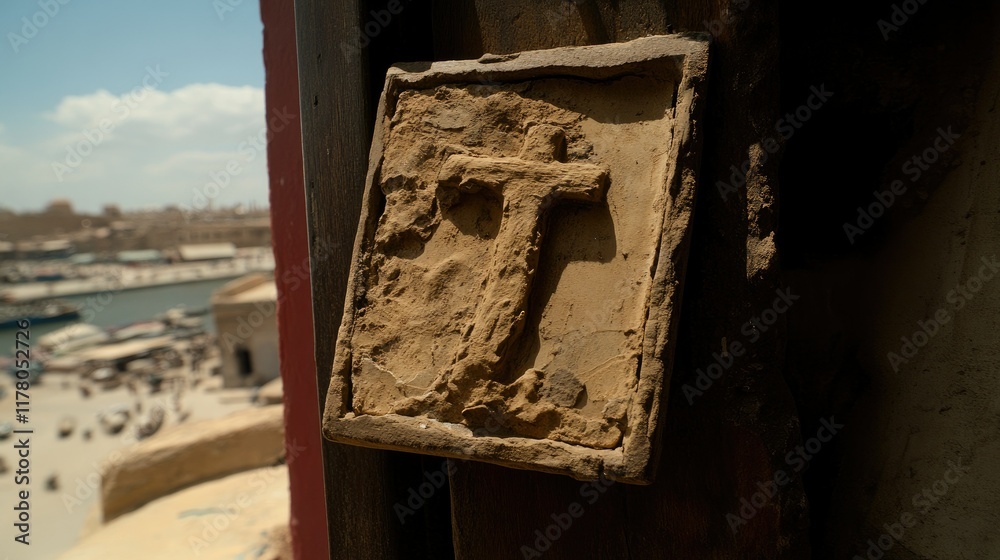 Ancient cross on building, city view, harbor. Possible use stock photo. Ancient cross on building, city view, harbor. Possible use stock photo.