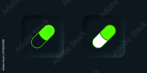 Green Sleeping pill icon isolated on black background. Black square button. Vector