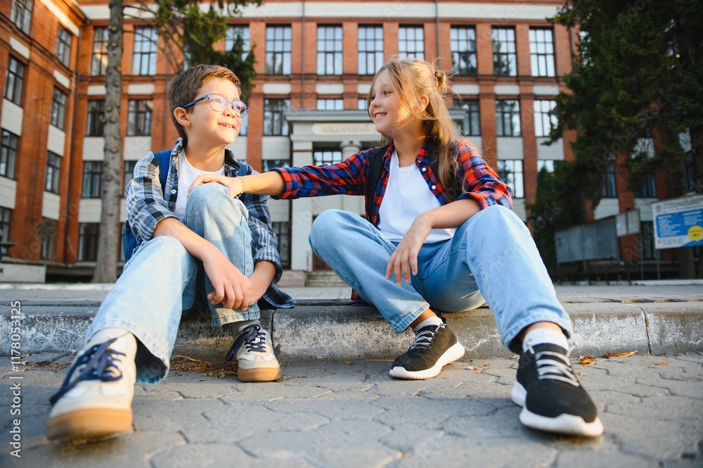 Fototapeta premium Happy schoolchildren near the school. A boy and a girl are primary school students. School friendship