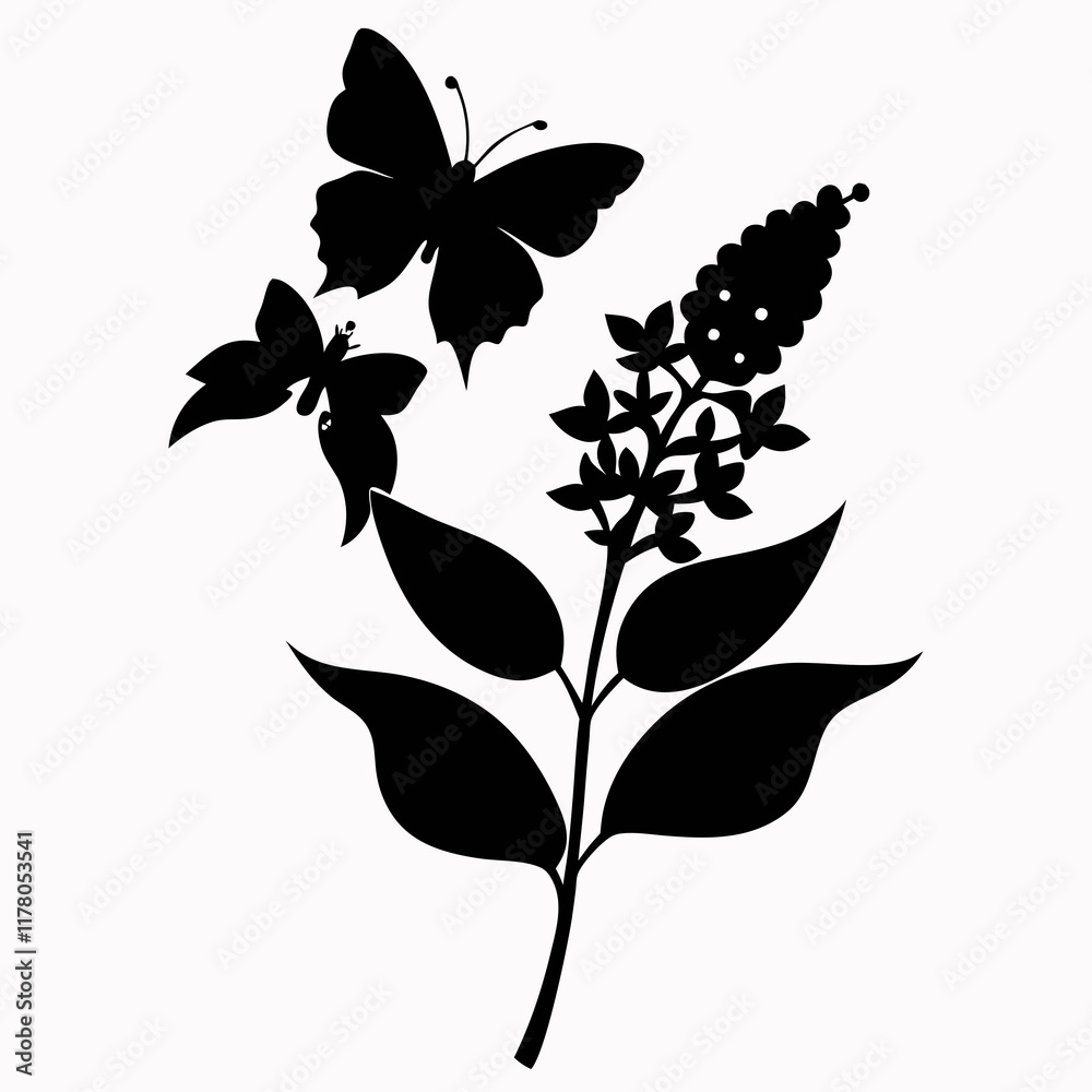 Black Silhouette of Butterfly Bush Vector on White Black Silhouette of Butterfly Bush Vector on White