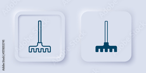 Filled and outline Garden rake icon isolated on grey background. Tool for horticulture, agriculture, farming. Ground cultivator. Housekeeping equipment. Square button. Vector