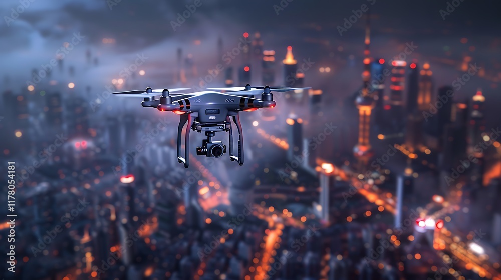 A futuristic AI surveillance drone scanning a dense urban environment at night A futuristic AI surveillance drone scanning a dense urban environment at night
