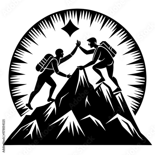 High Five on Mountain Peak Black-and-White Vector Illustration