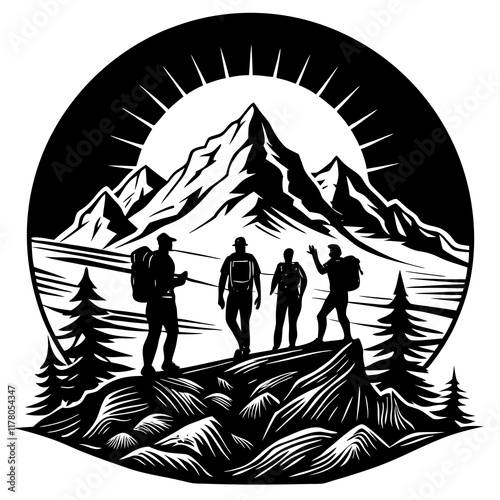 Group of Hikers on Mountain Summit with Sunrise Black-and-White Vector Illustration