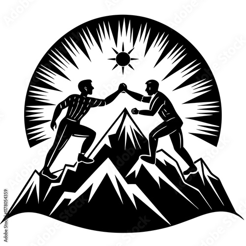 High Five on Mountain Peak Black-and-White Vector Illustration