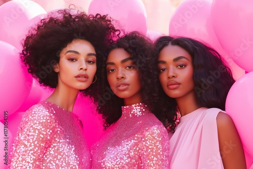 three diverse women all wearing pink sequin dresses, candid, pink balloons in the background for Galentines Day, February 13 photo