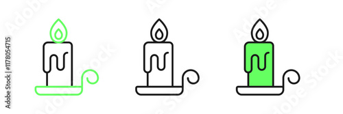 Set line Burning candle in candlestick icon isolated on white background. Cylindrical candle stick with burning flame. Vector